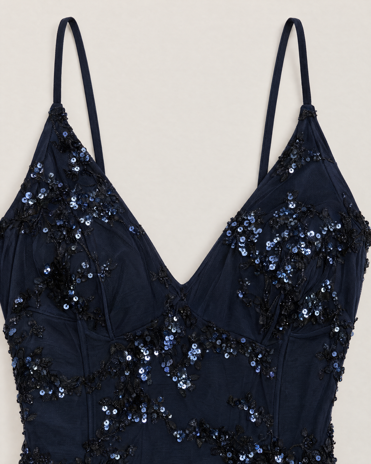 Elowen Sparkling Maxi Dress - detail of the neckline, Navy