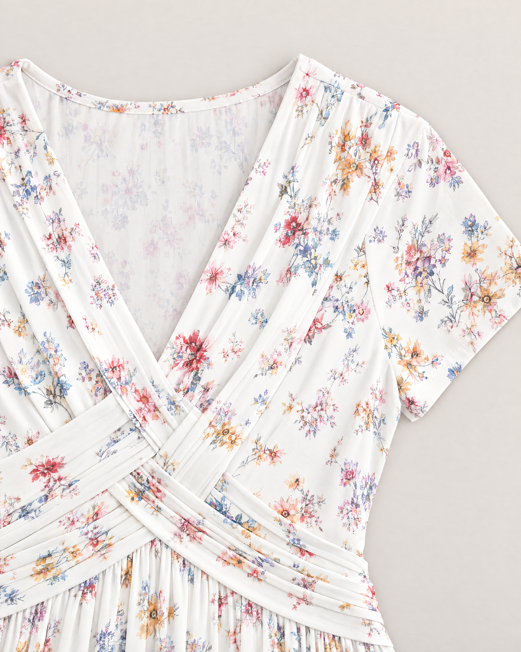 Estelle Elegant Floral Midi Dress - detail of the neckline, White