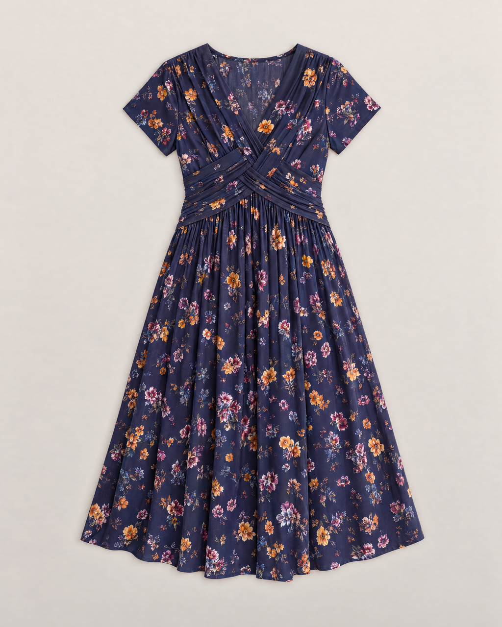 Estelle Elegant Floral Midi Dress - Navy flat lay