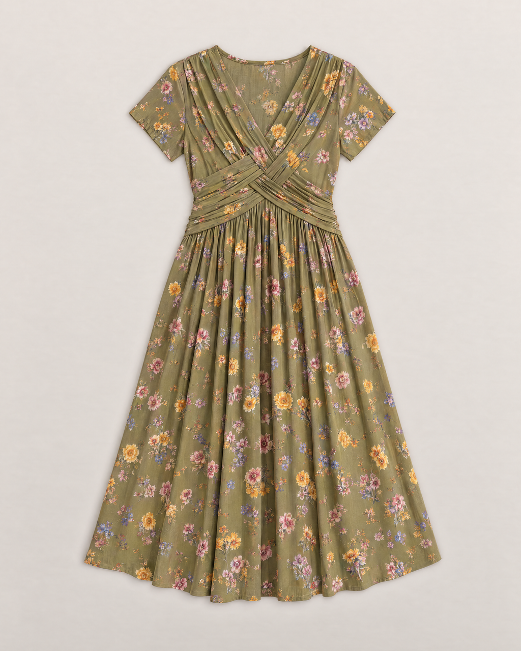 Estelle Elegant Floral Midi Dress - Olive flat lay