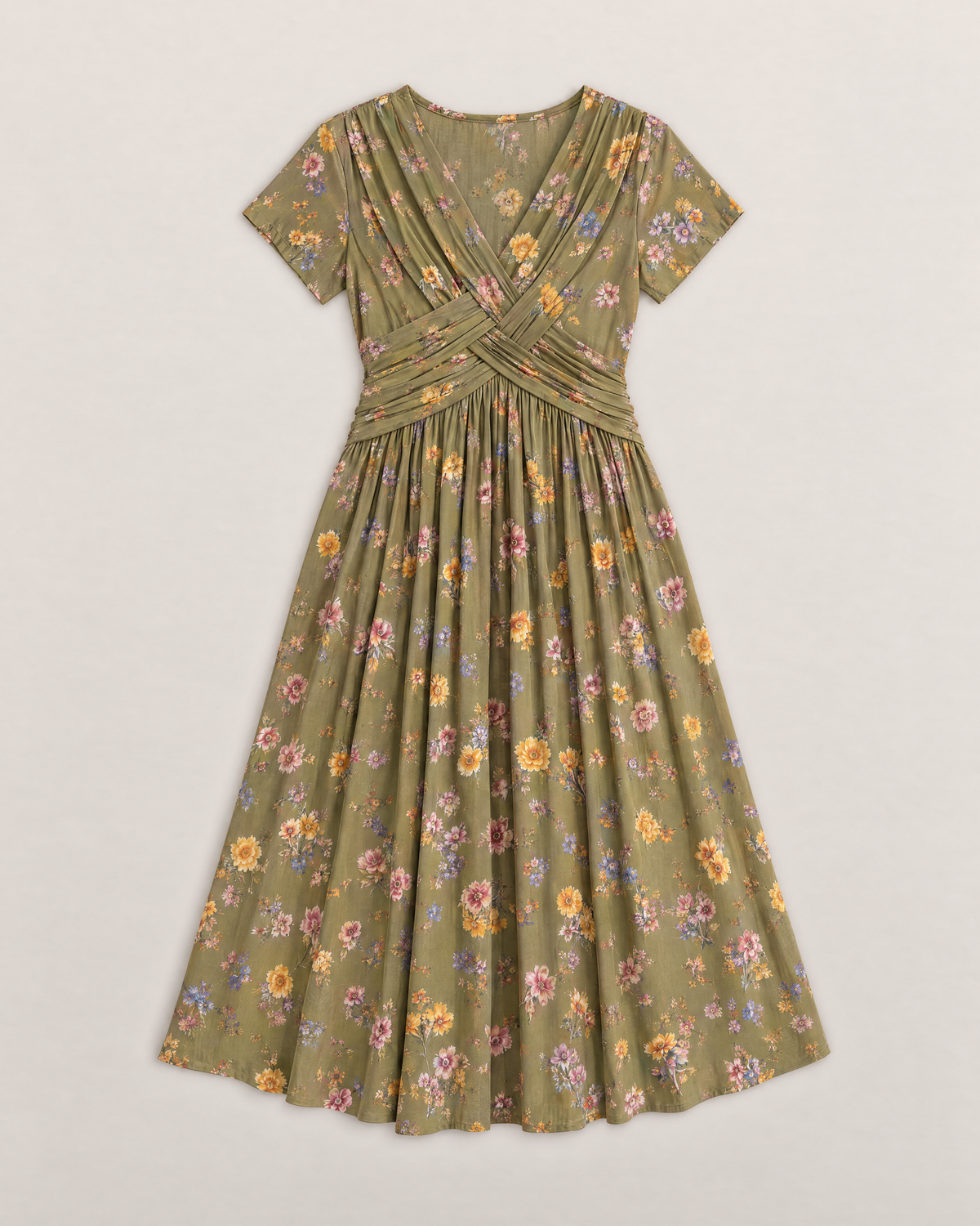Estelle Elegant Floral Midi Dress - Olive flat lay