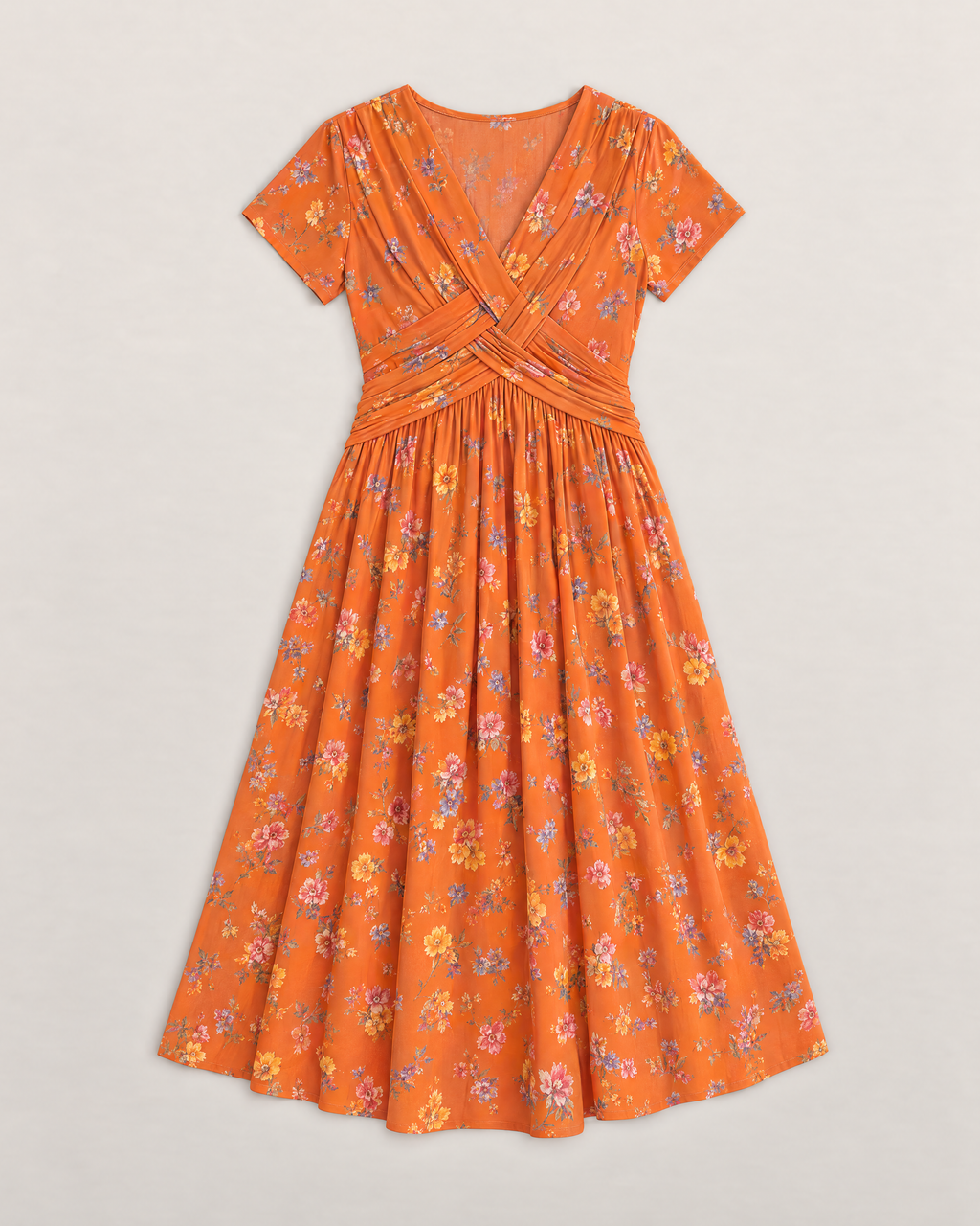 Estelle Elegant Floral Midi Dress - Orange flat lay