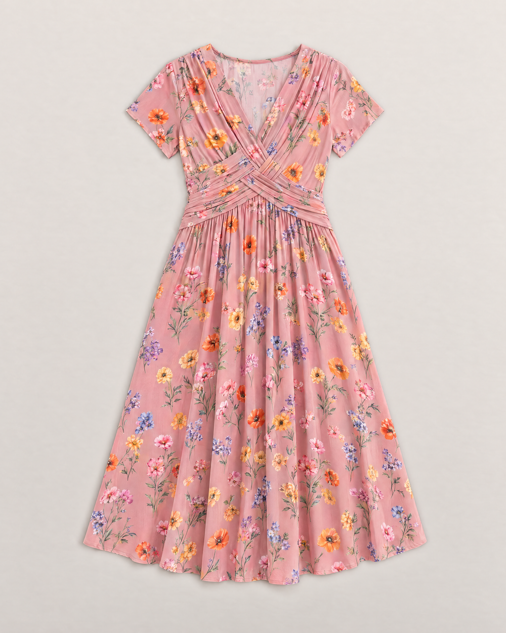 Estelle Elegant Floral Midi Dress - Pink flat lay