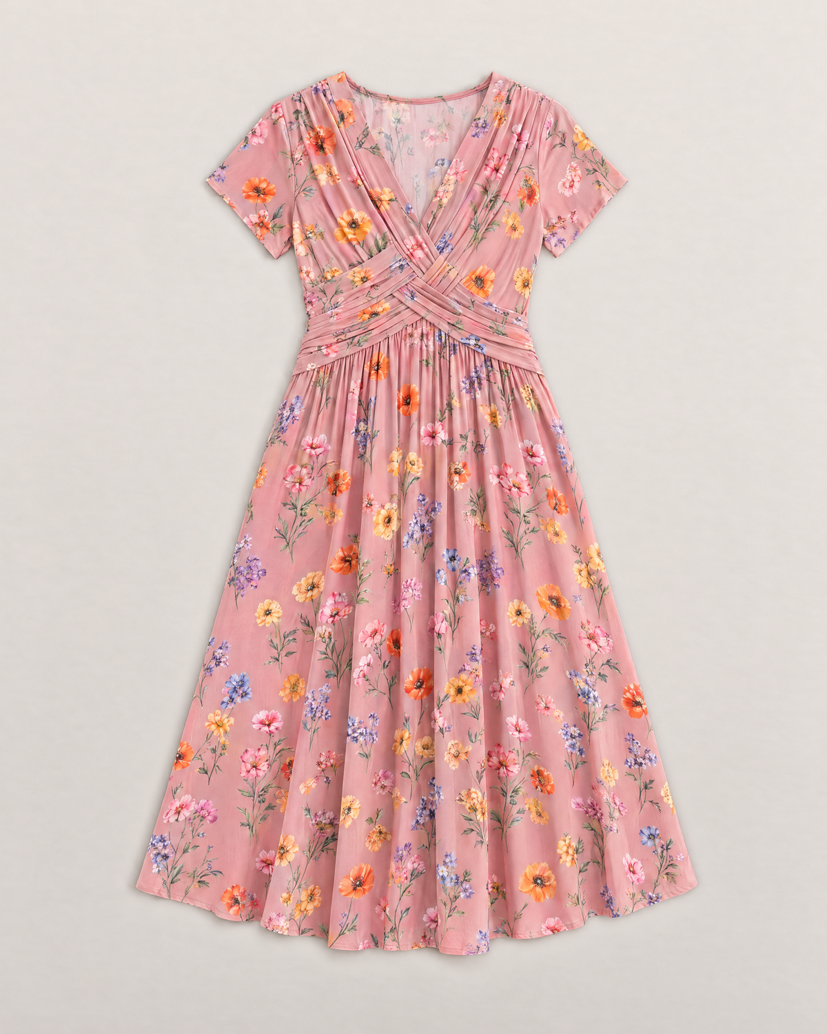 Estelle Elegant Floral Midi Dress - Pink flat lay