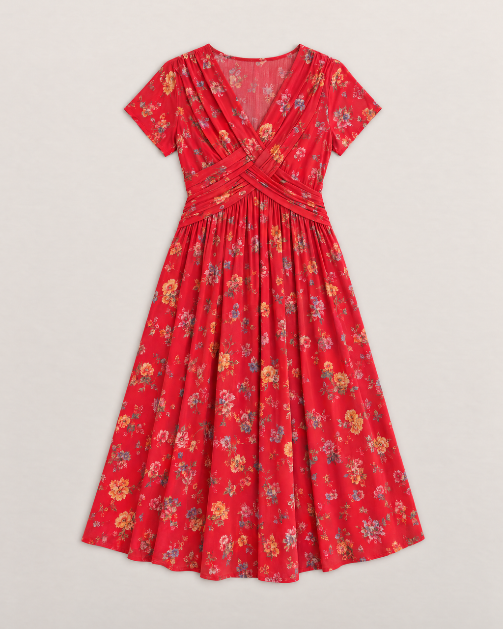 Estelle Elegant Floral Midi Dress - Red flat lay