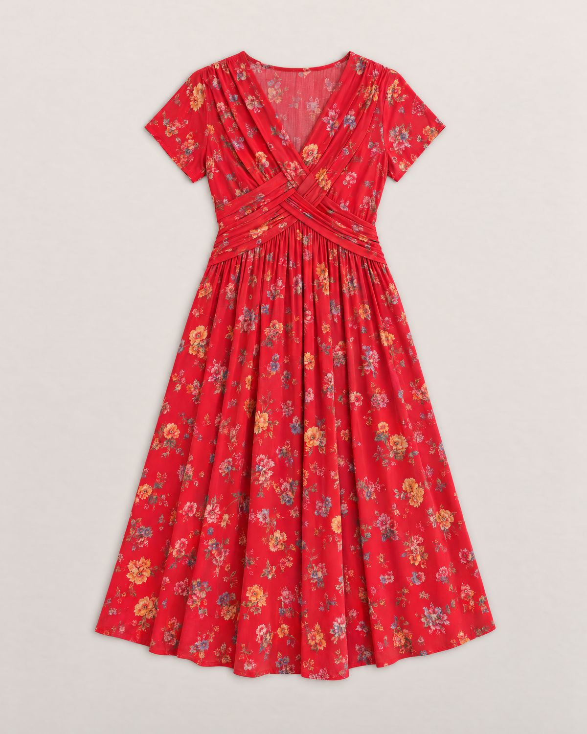 Estelle Elegant Floral Midi Dress - Red flat lay