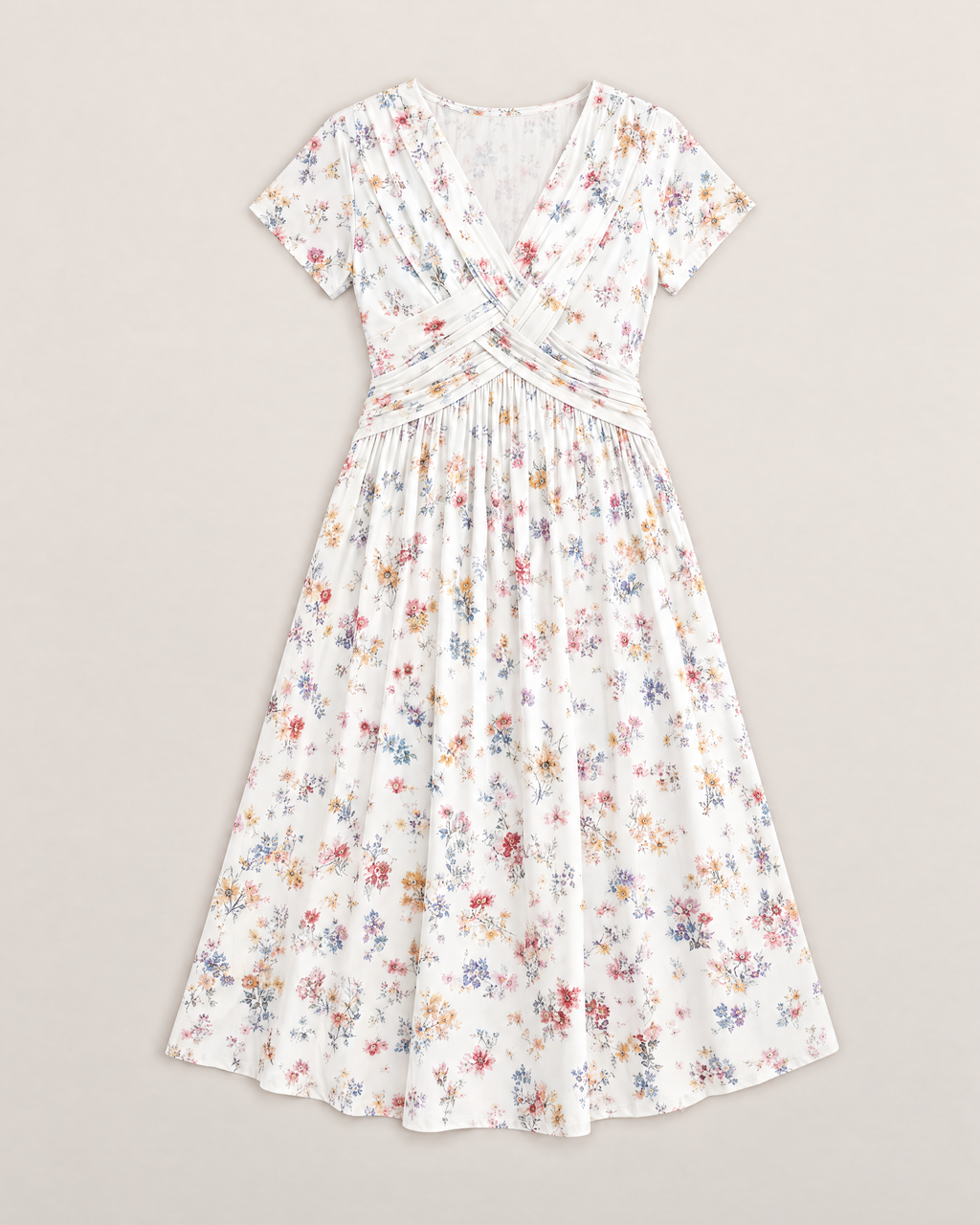 Estelle Elegant Floral Midi Dress - White flat lay
