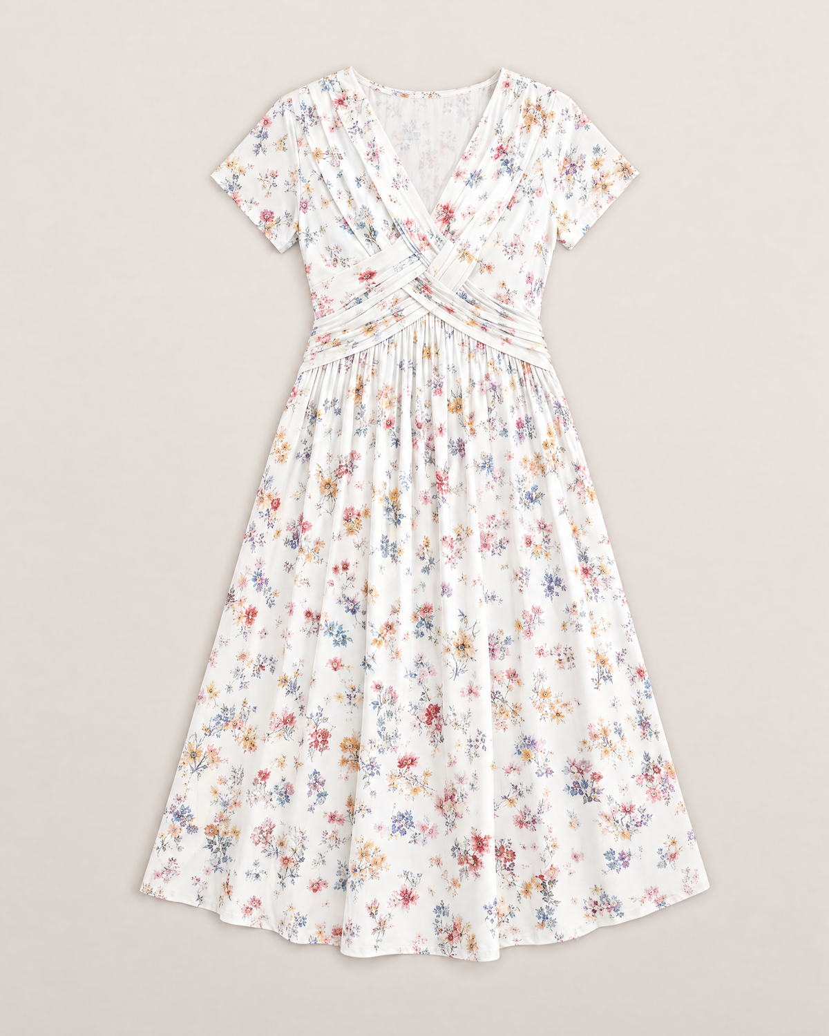 Estelle Elegant Floral Midi Dress - White flat lay