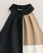 Esther Elegant Halter Mini Dress - detail of the neckline, Black Colorblock