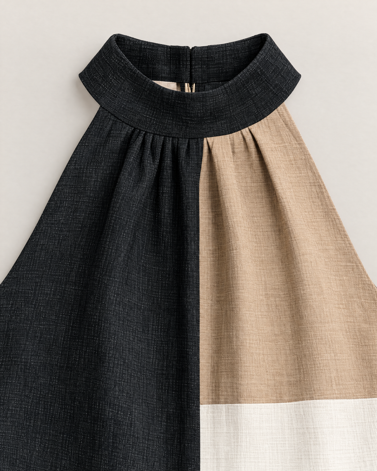 Esther Elegant Halter Mini Dress - detail of the neckline, Black Colorblock