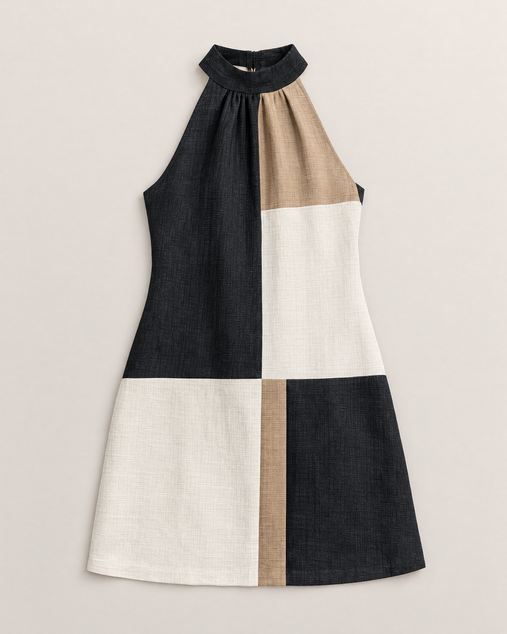 Esther Elegant Halter Mini Dress - Black Colorblock flat lay