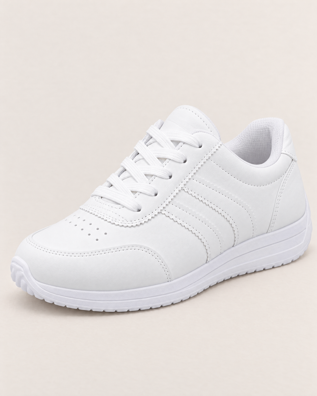 Freya Comfort-Focused Walking Sneakers - detail of the toe, fastening and stitching, Pure White