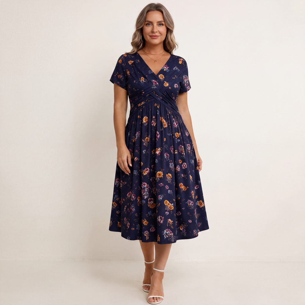 Close-up detail of the crossover V-neckline and the elegant twist at the waist of the floral midi dress.