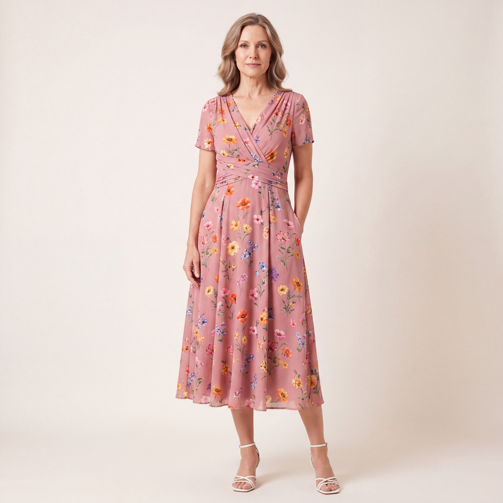 Detailed fabric texture shot of the soft, breathable material used in the construction of the beautiful floral twist dress.