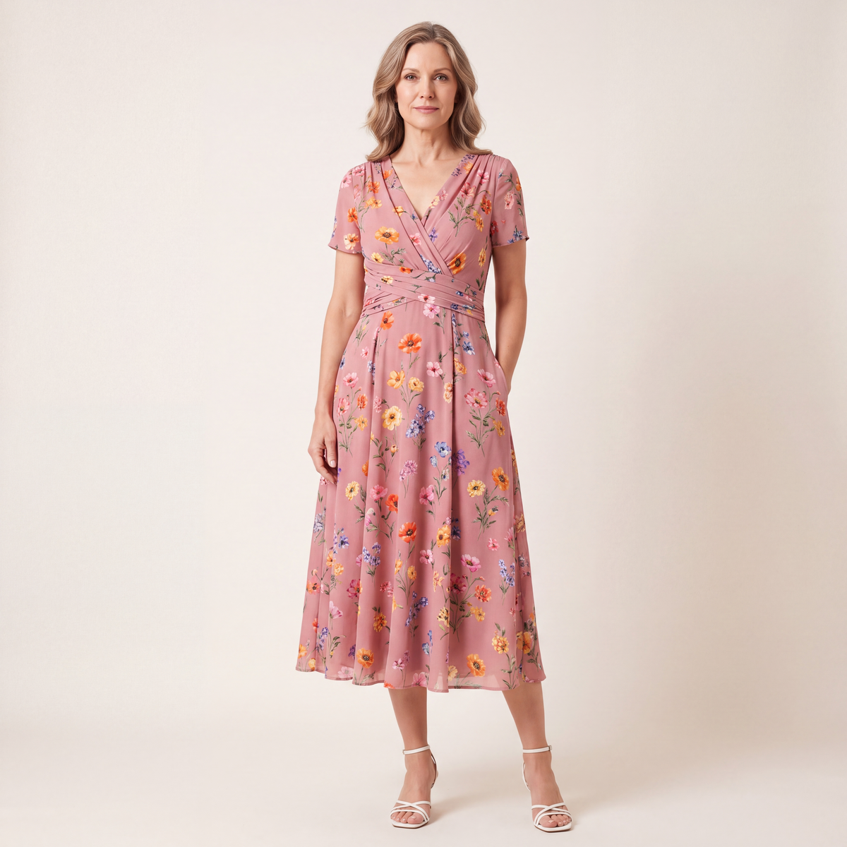 Detailed fabric texture shot of the soft, breathable material used in the construction of the beautiful floral twist dress.
