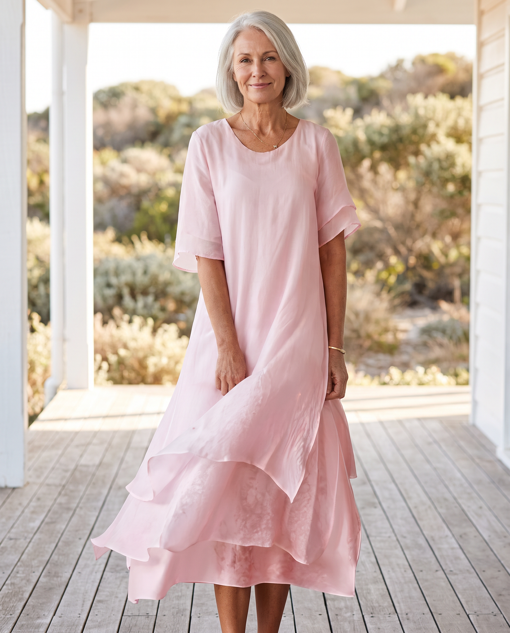 Aria Fluid Maxi Dress worn by a woman, Adeline Wear