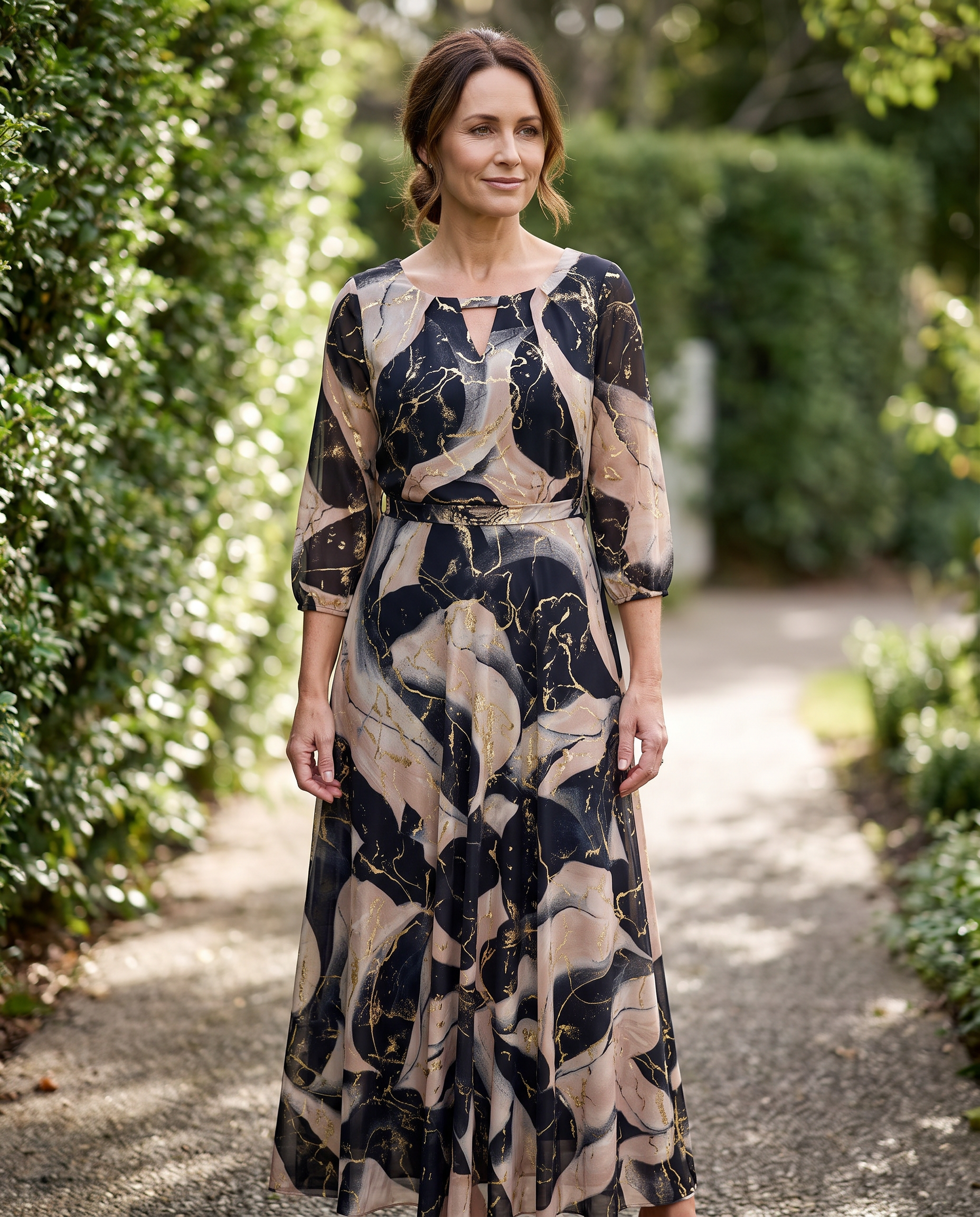 Celine A-Line Maxi Dress worn by a woman, Adeline Wear