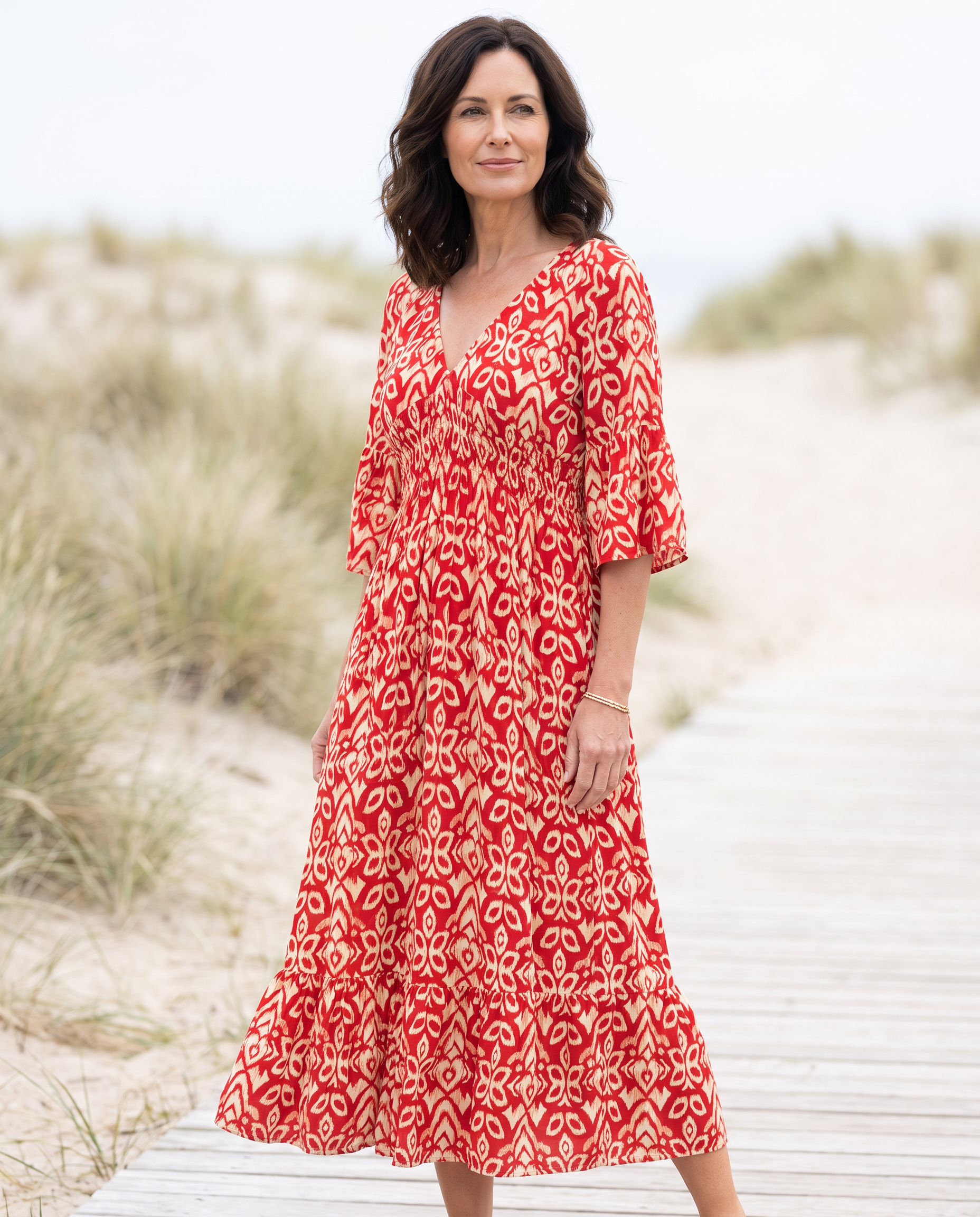 Selene Bohemian Midi Dress worn by a woman, Adeline Wear