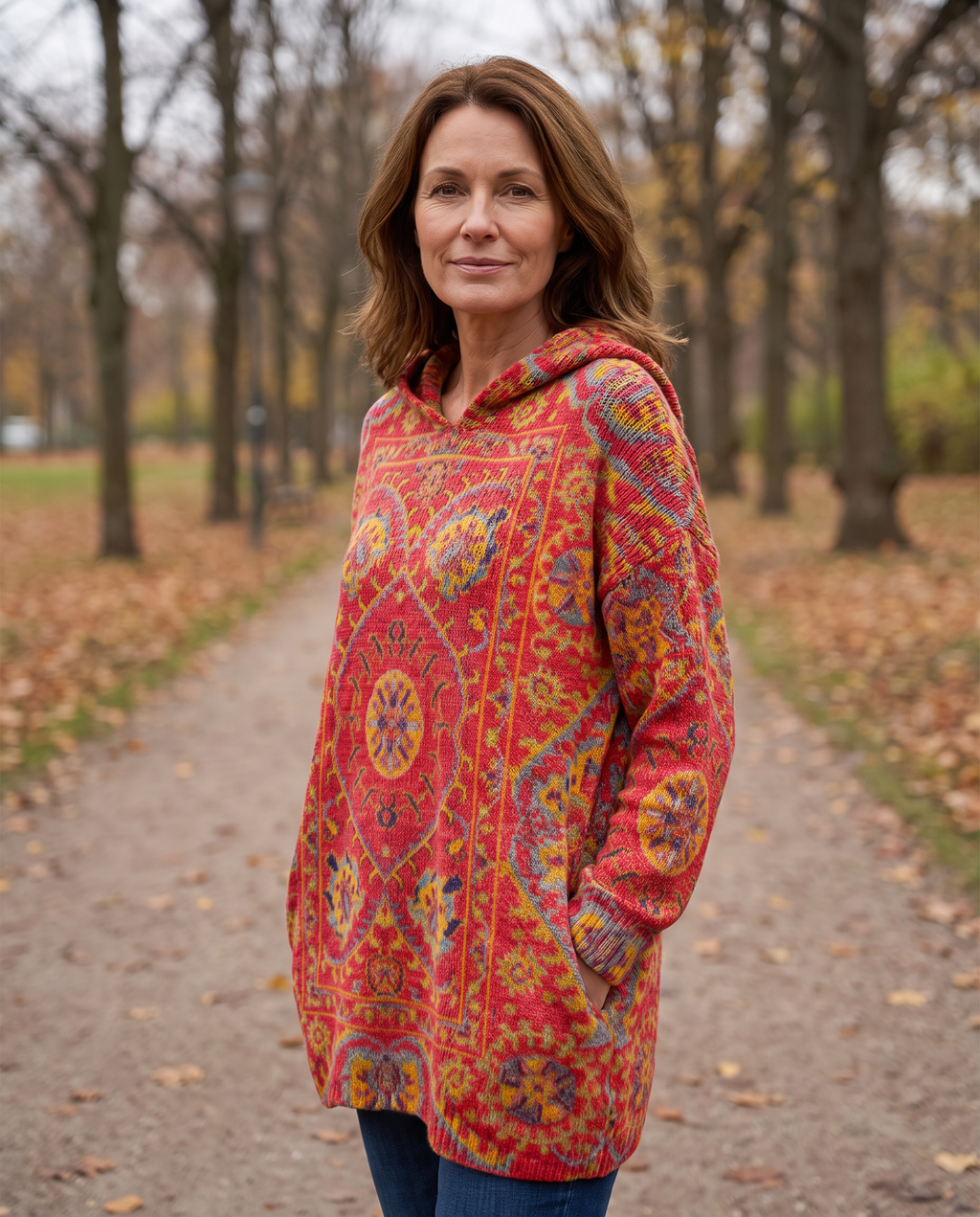 Seraphina Retro Hooded Knit Tunic worn by a woman, Adeline Wear