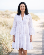 Sienna V-Neck Summer Dress worn by a woman, Adeline Wear