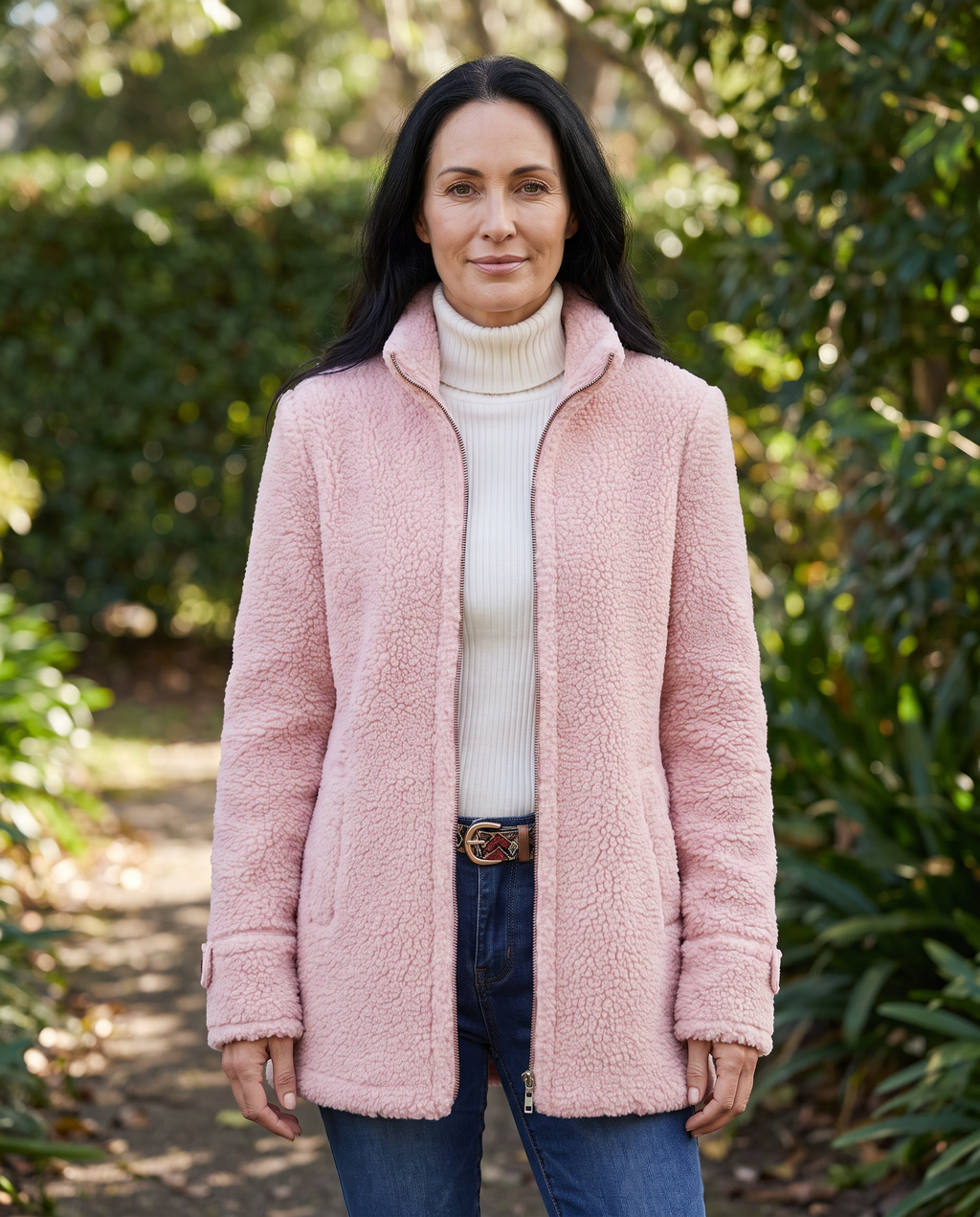 Cassandra Sherpa Zip Up Jacket worn by a woman, Adeline Wear