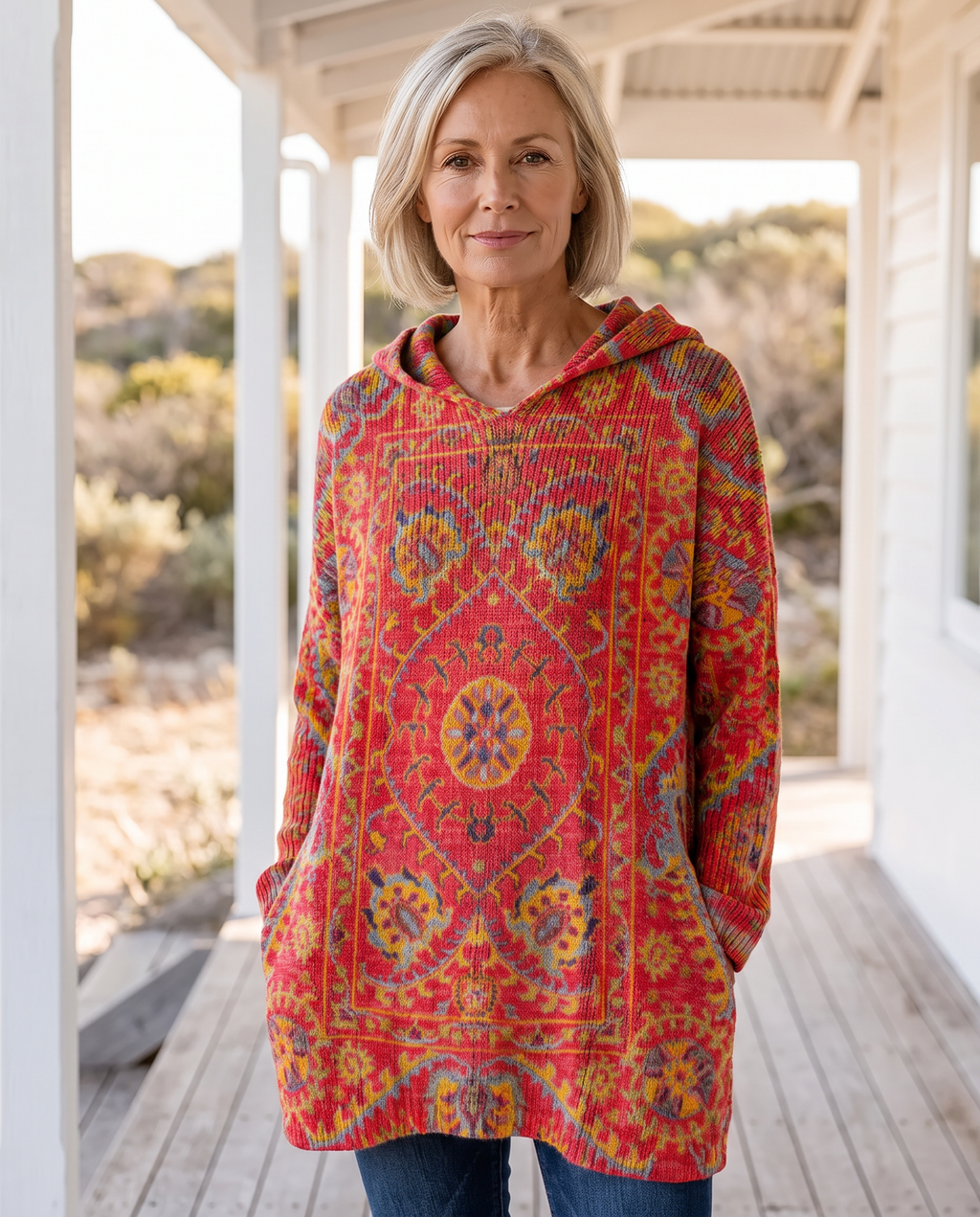 Seraphina Retro Hooded Knit worn by a woman, Adeline Wear
