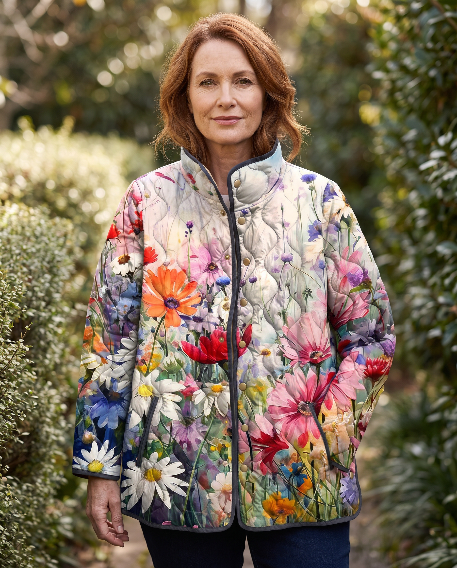 Judy Whimsical Floral Quilted Jacket worn by a woman, Adeline Wear