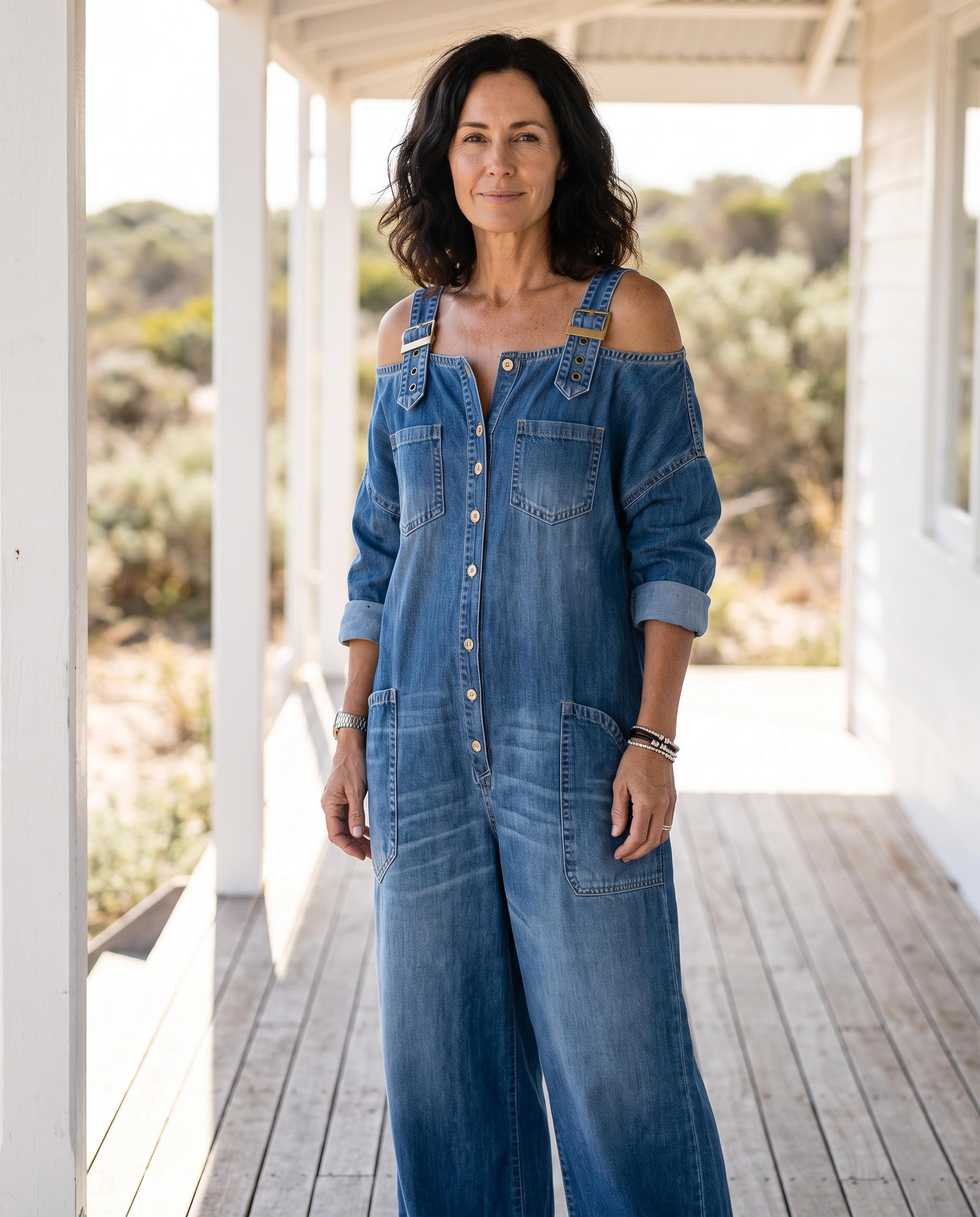Avery Off-Shoulder Denim Jumpsuit worn by a woman, Adeline Wear