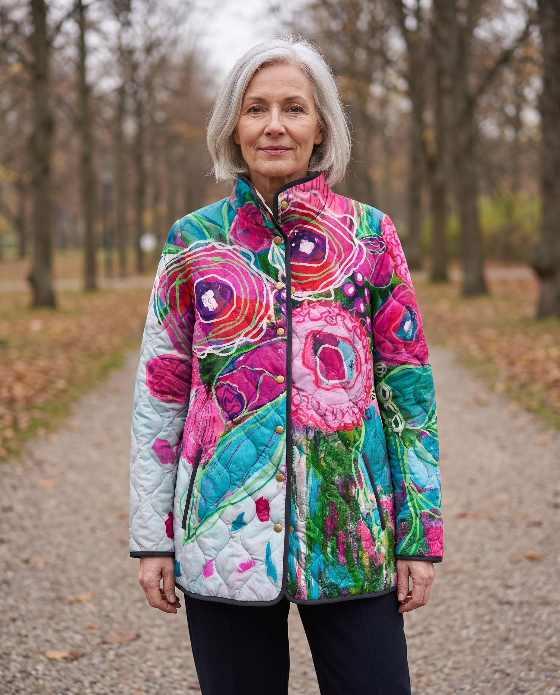 Donna Abstract Floral Quilted Jacket worn by a woman, Adeline Wear