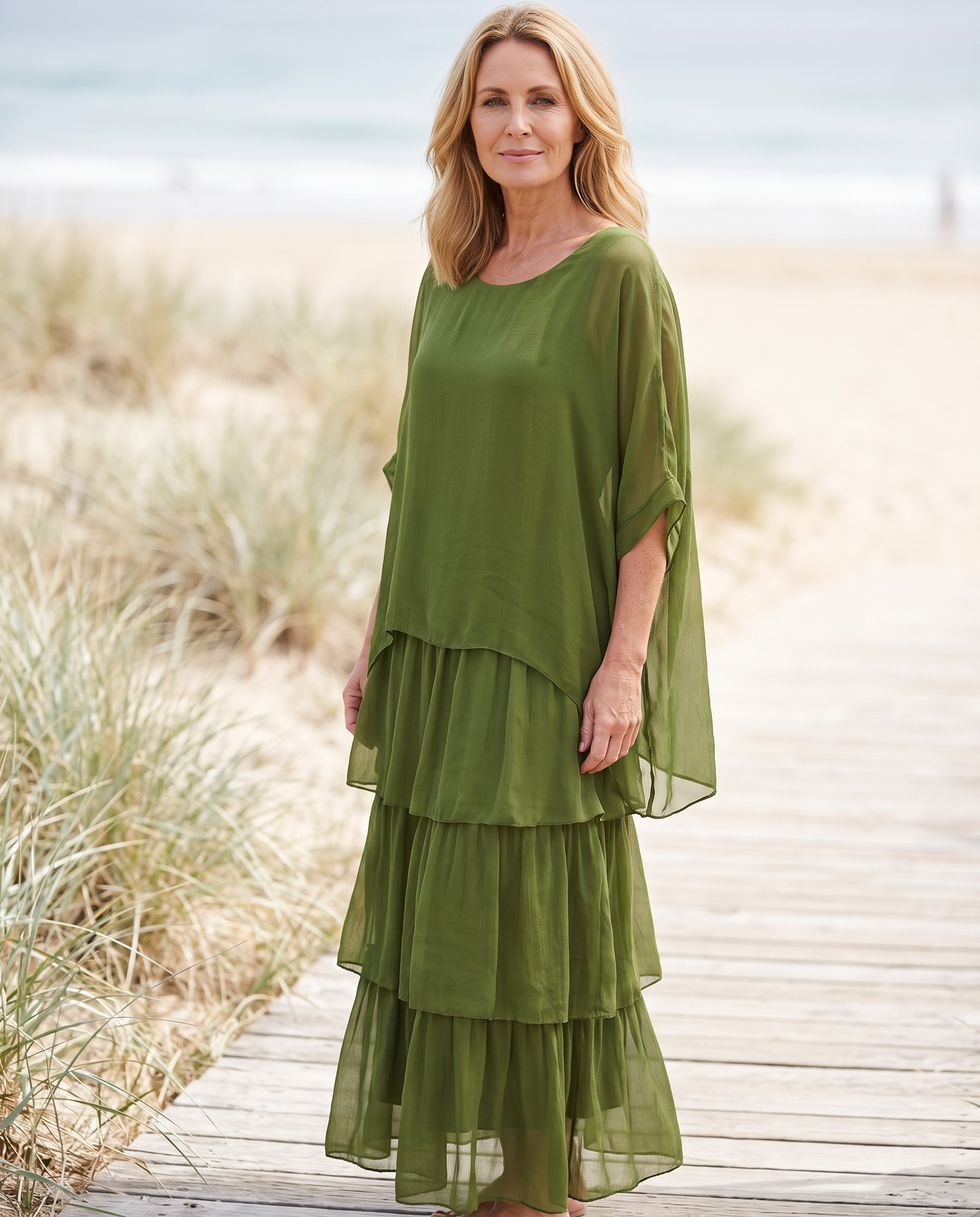 Selene Flowing Tiered Maxi Dress worn by a woman, Adeline Wear