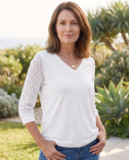 Linnea Lace Sleeve V-Neck Blouse worn by a woman, Adeline Wear