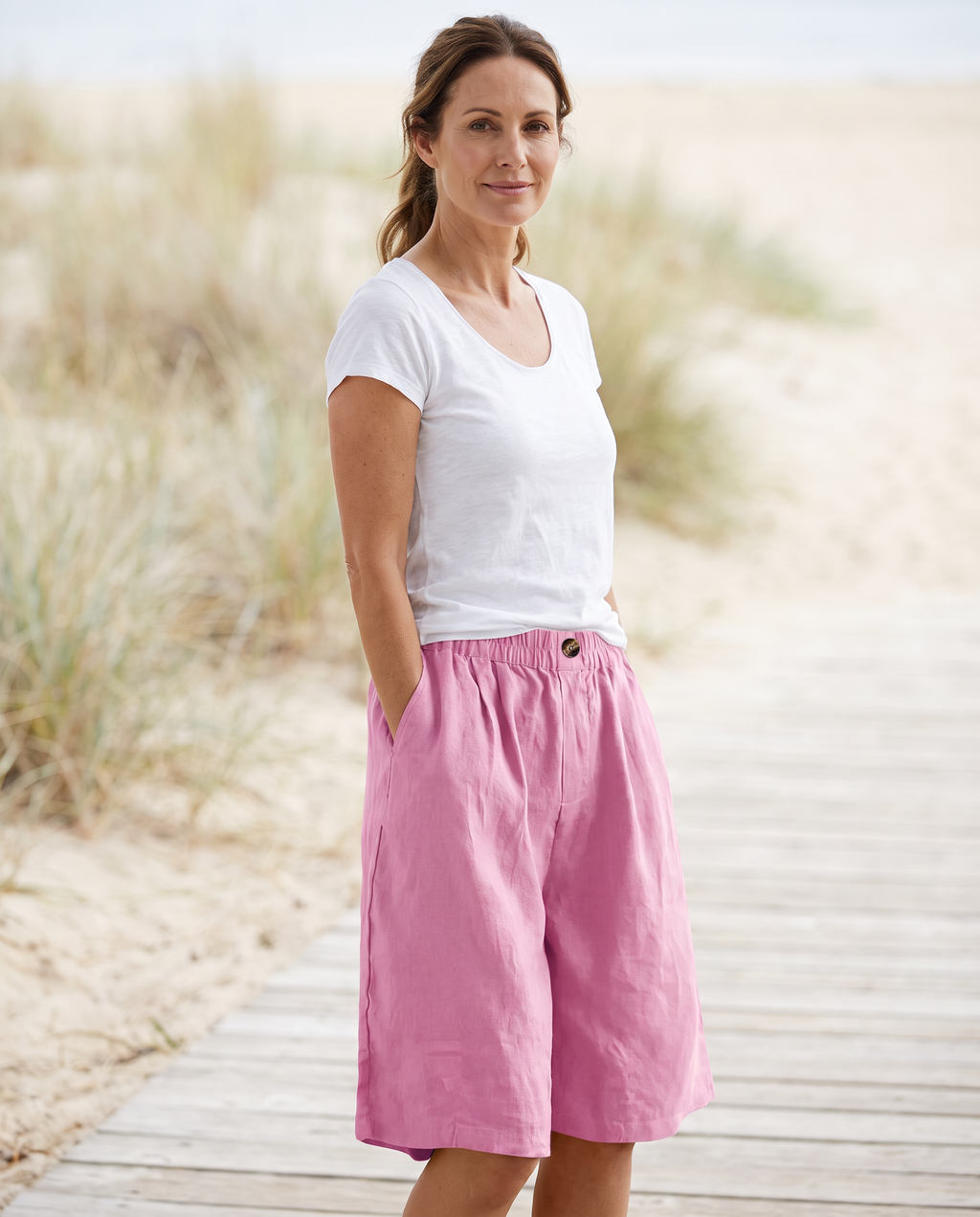 Colette Lightweight Everyday Shorts worn by a woman, Adeline Wear
