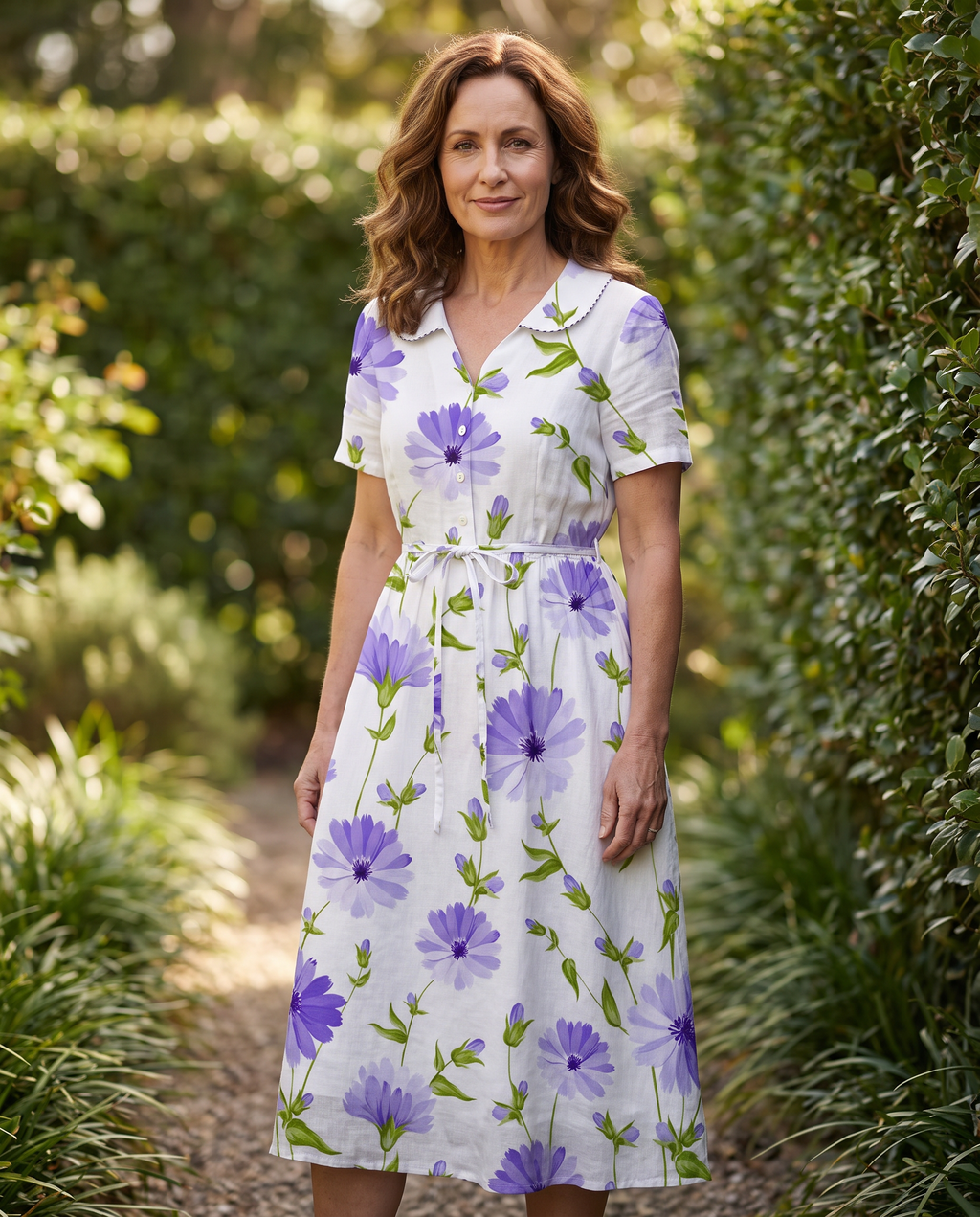 Liana Chicory Floral Tie Waist Midi Dress worn by a woman, Adeline Wear