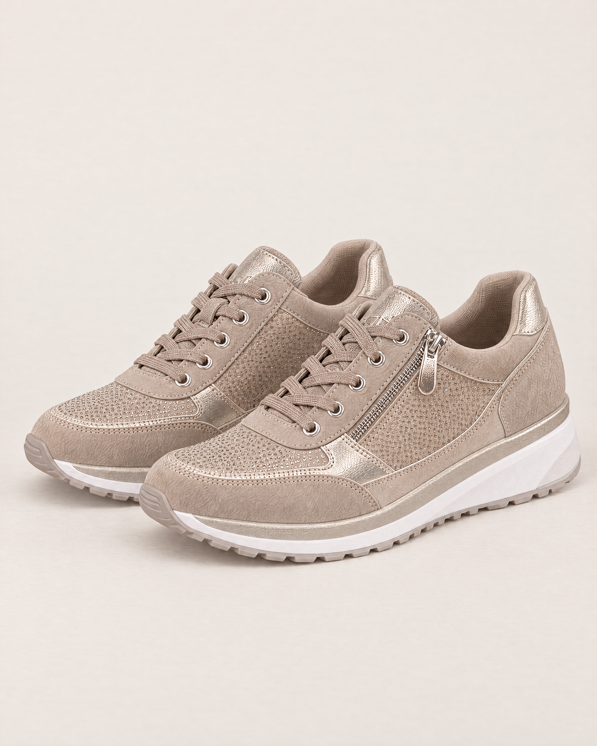 Isolde Supportive Zip-Up Sneakers - the pair at a three-quarter angle, Beige