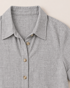Kelsey Button Up Pocket Mini Shirt Dress - detail of the neckline, Grey