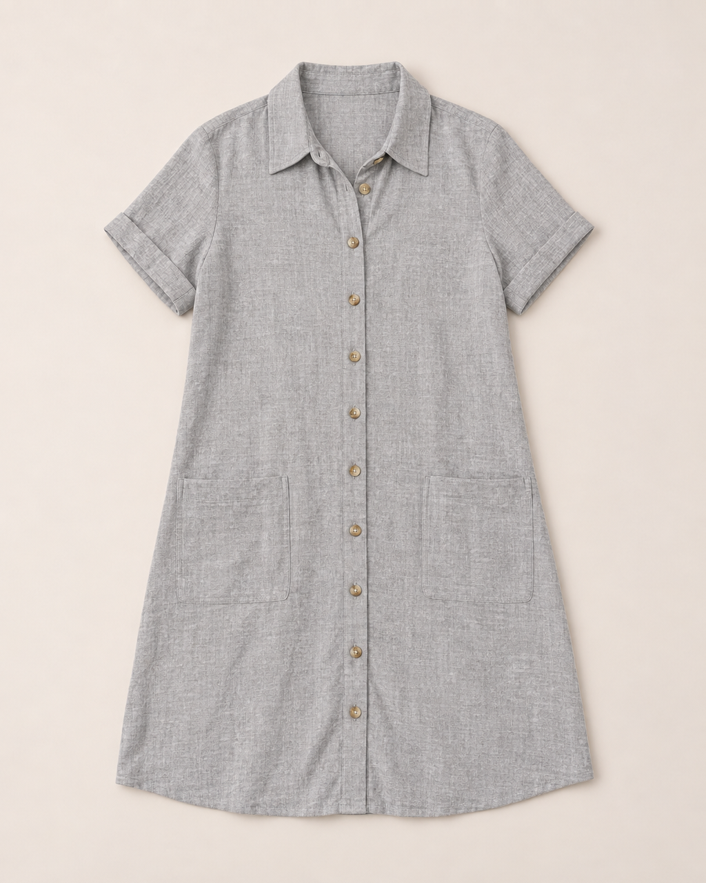 Kelsey Button Up Pocket Mini Shirt Dress - Grey flat lay, Effortless Shirt Dress
