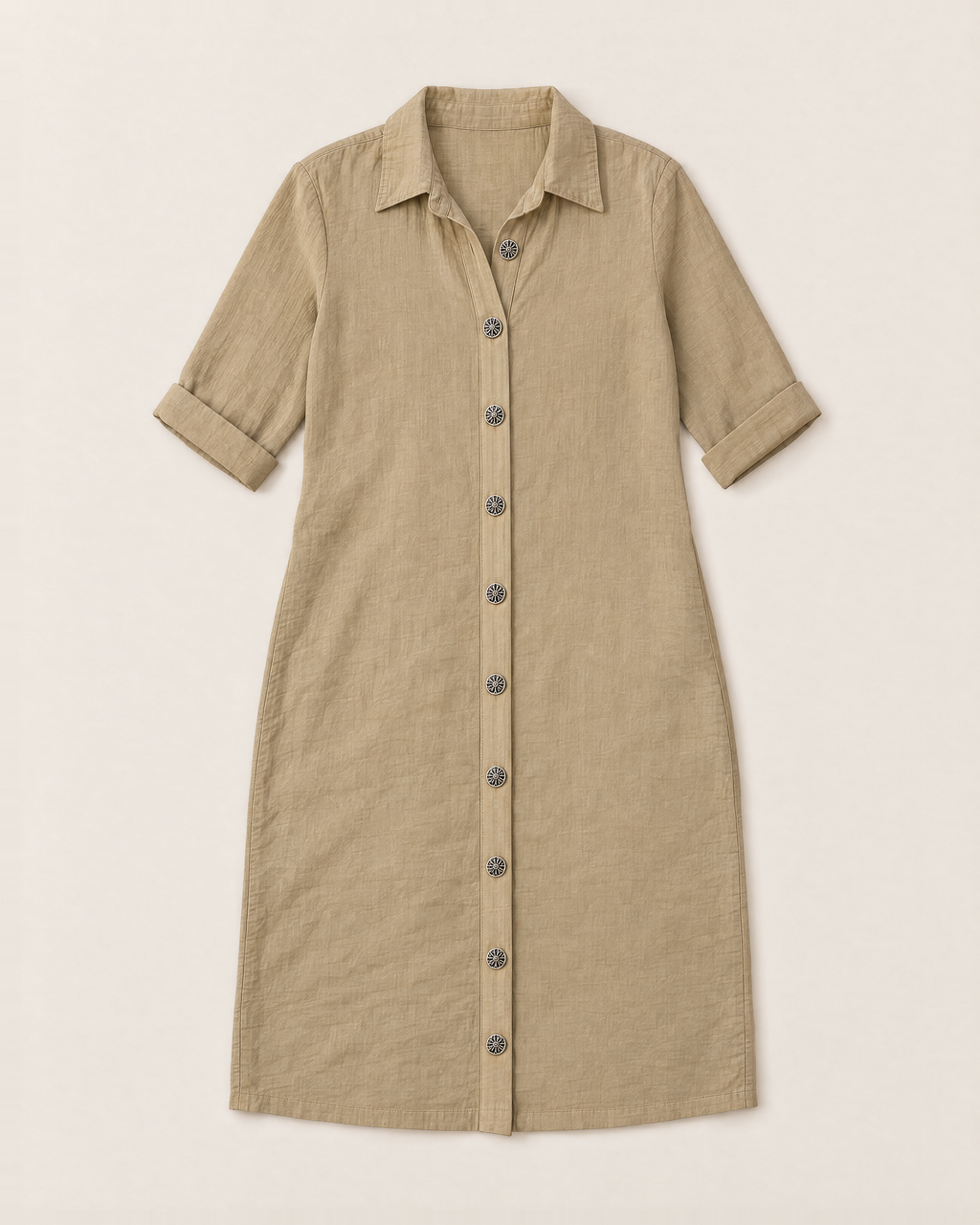 Leilani Relaxed Button-Front Summer Dress - Khaki flat lay