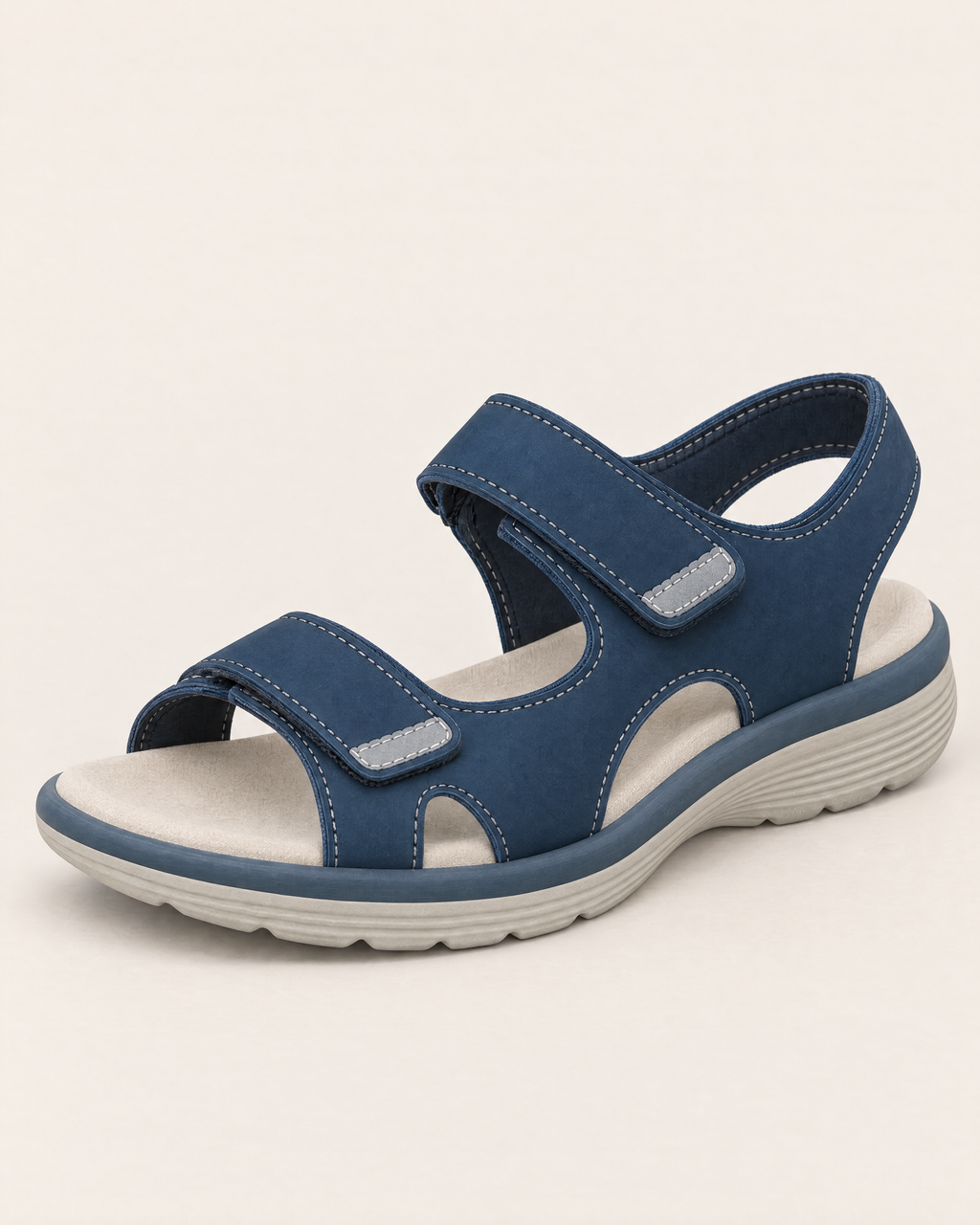 Livia Supportive Everyday Sandals - detail of the toe, fastening and stitching, Blue