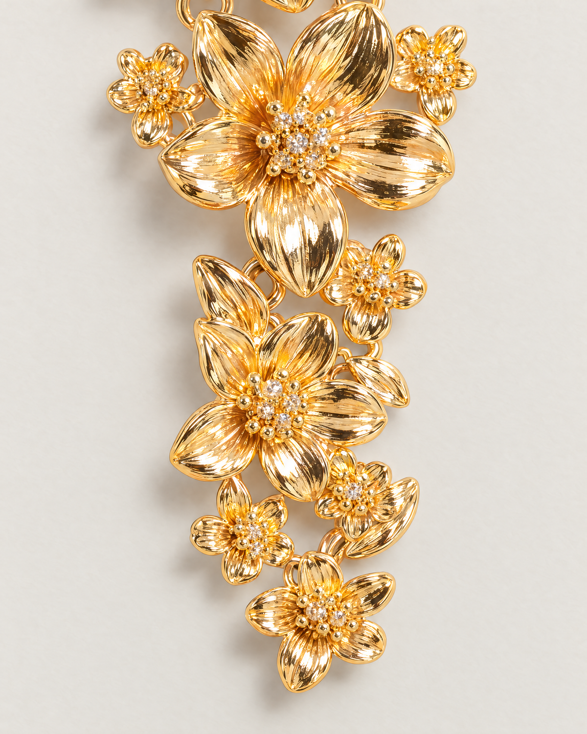 Lysandra Chic Floral Drop Earrings - detail of the floral drop, Gold