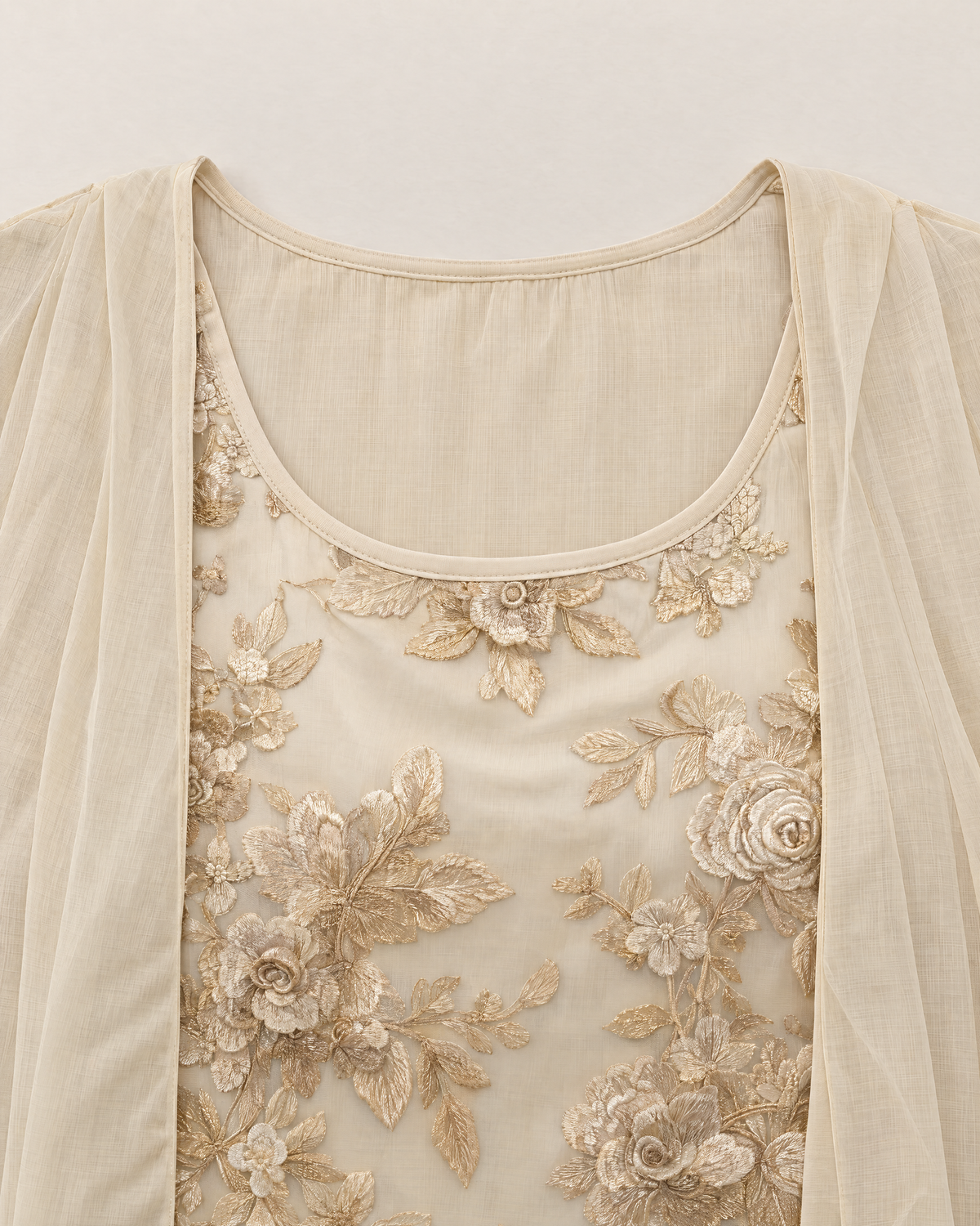 Maya Elegant Chiffon Two-Piece Dress - detail of the neckline, Beige