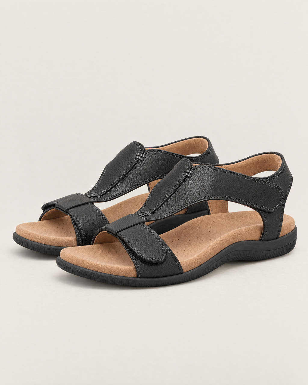 Mirella Adjustable Comfort Sandals - the pair at a three-quarter angle, Black
