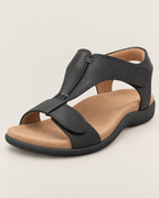 Mirella Adjustable Comfort Sandals - detail of the toe, fastening and stitching, Black