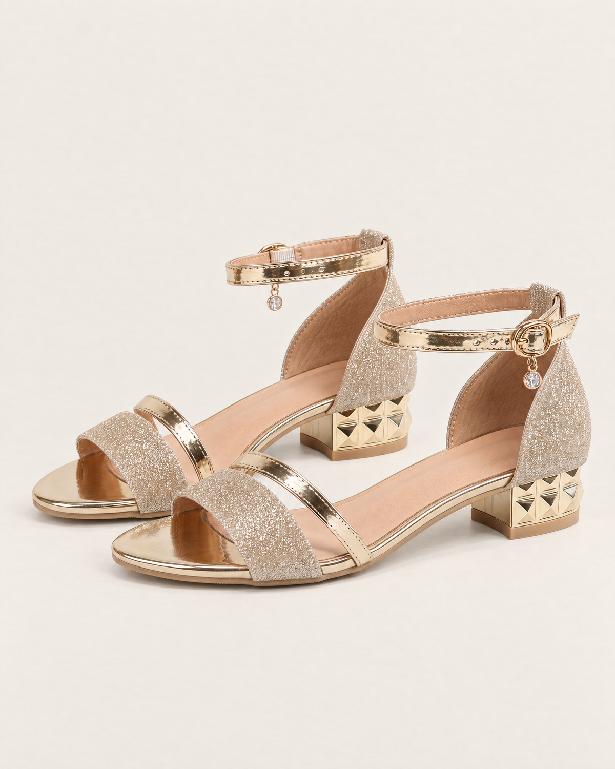 Odette Shimmering Evening Sandals - the pair at a three-quarter angle, Gold
