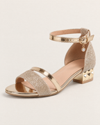 Odette Shimmering Evening Sandals - detail of the toe, fastening and stitching, Gold