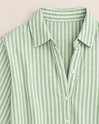 Pearl Breezy Striped Dress - detail of the neckline, Green