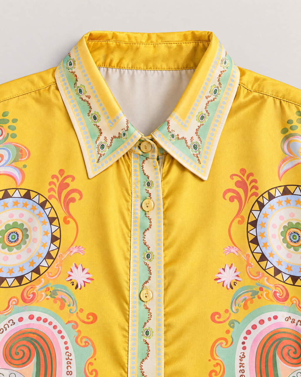 Penelope Paisley Satin Shirt and Pants Set - detail of the top's neckline, Yellow