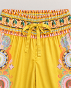Penelope Paisley Satin Shirt and Pants Set - detail of the bottoms' waistband and fabric, Yellow