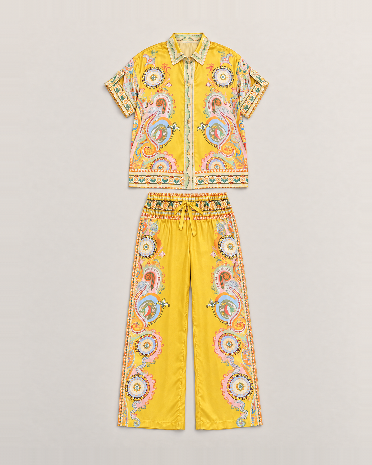 Penelope Paisley Satin Shirt and Pants Set - Yellow flat lay