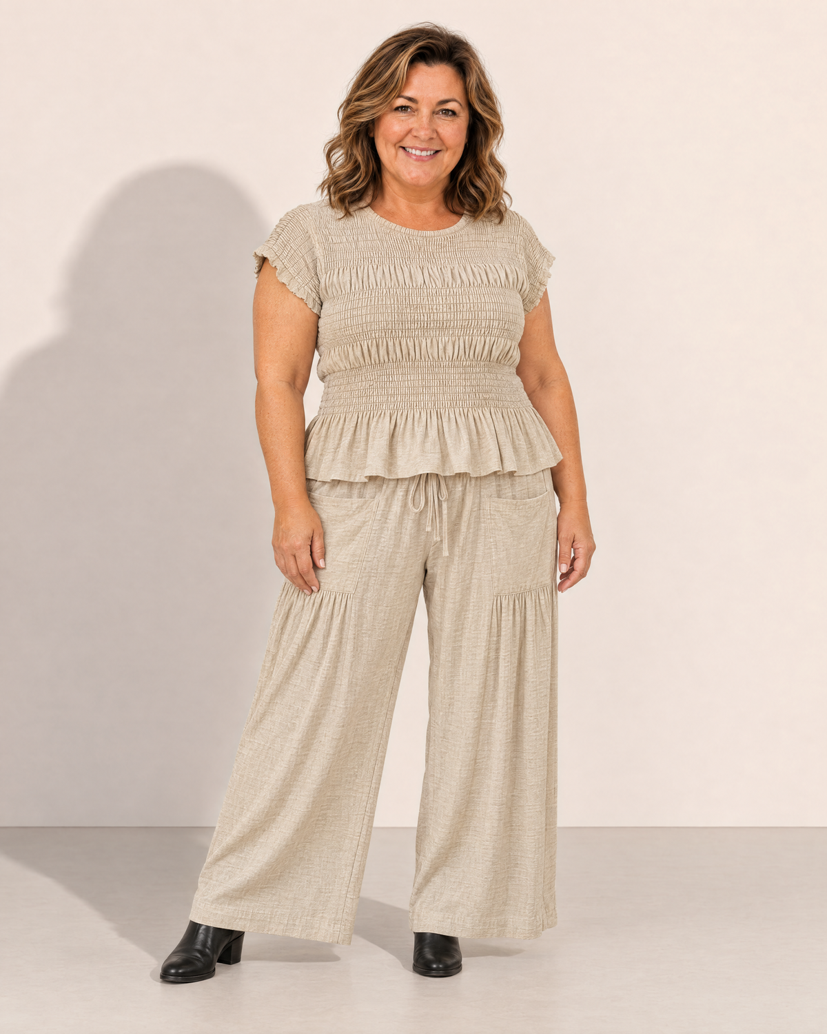 Rosalie Smocked Top and Wide Leg Trouser Set - Adeline studio, shown on a size XL, 166 cm
