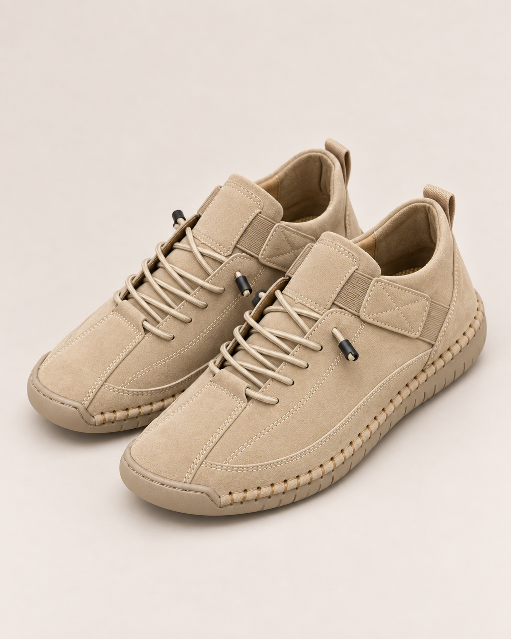Rosie Stitched Comfort Sneakers - the pair at a three-quarter angle, Beige